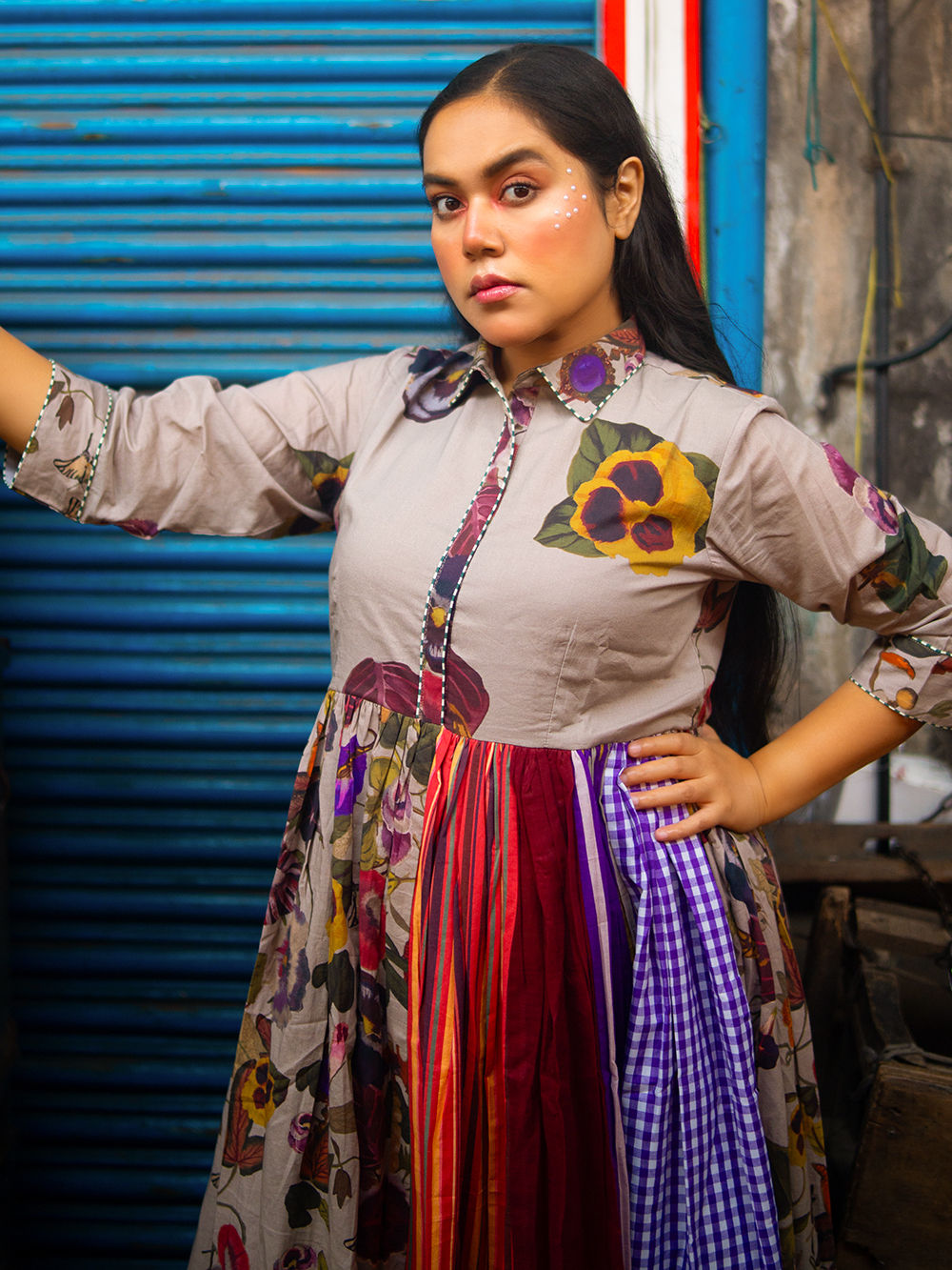 cambric cotton dress PHAGUN POWDER BLUE KHADI PRINTED COTTON CAMBRIC DRESS Abbaran by Shobha