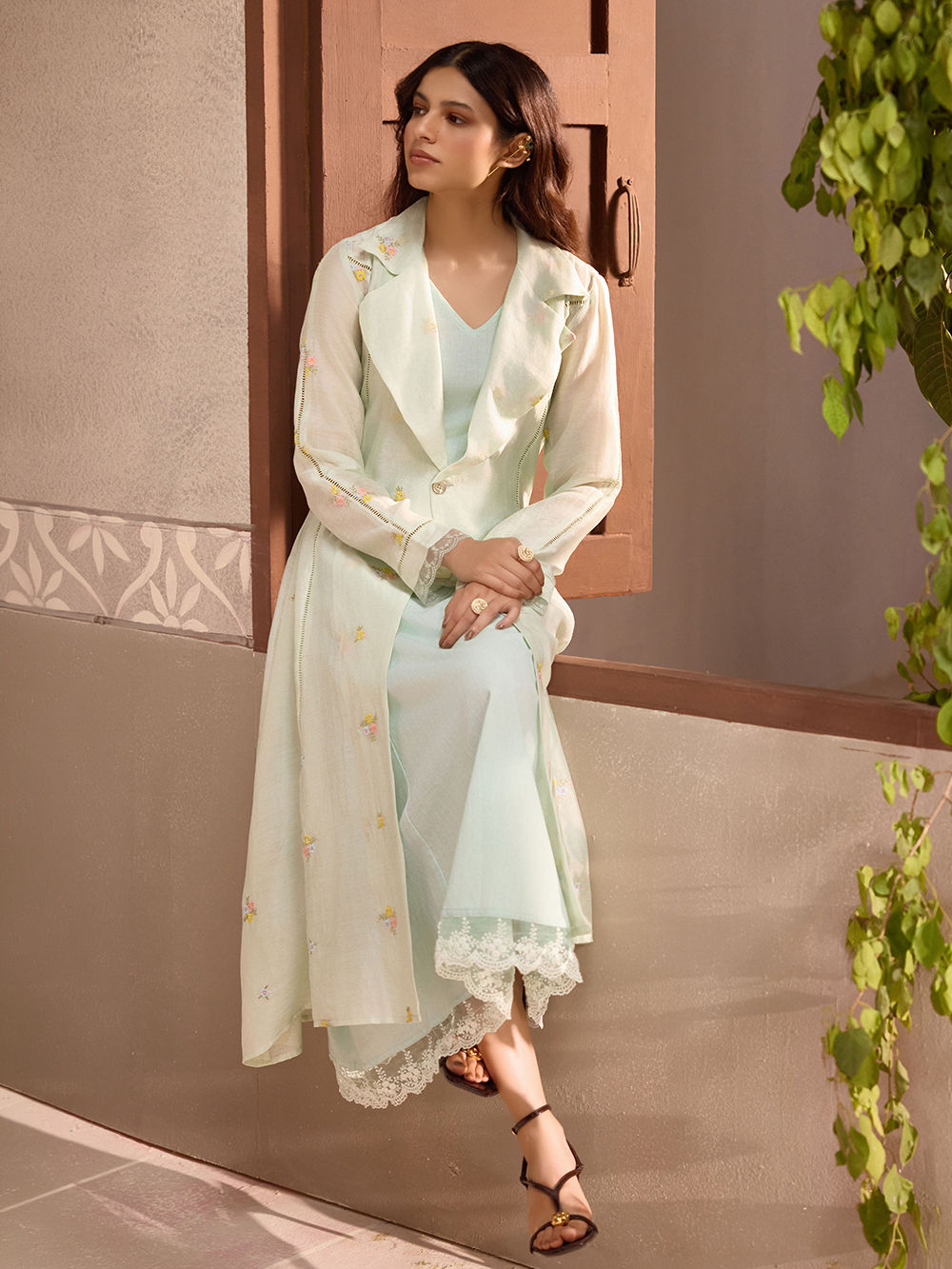 mint green work dress Lace Chanderi with Embroidered Jacket- Set of 2 Made of 97% polyester