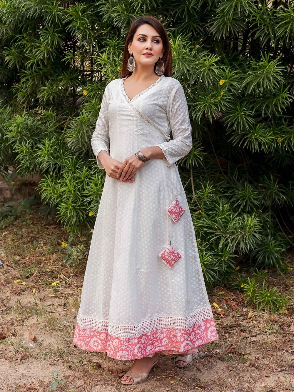 White Hand Block Printed Cotton Angrakha Dress with Peach Dupatta- Set of 2