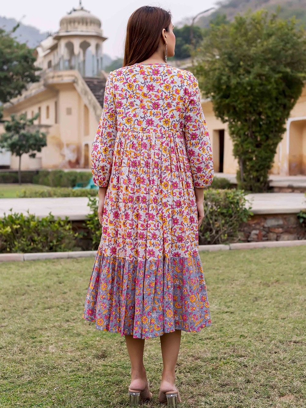 Multicolor Hand Block Printed Cotton Tiered Dress