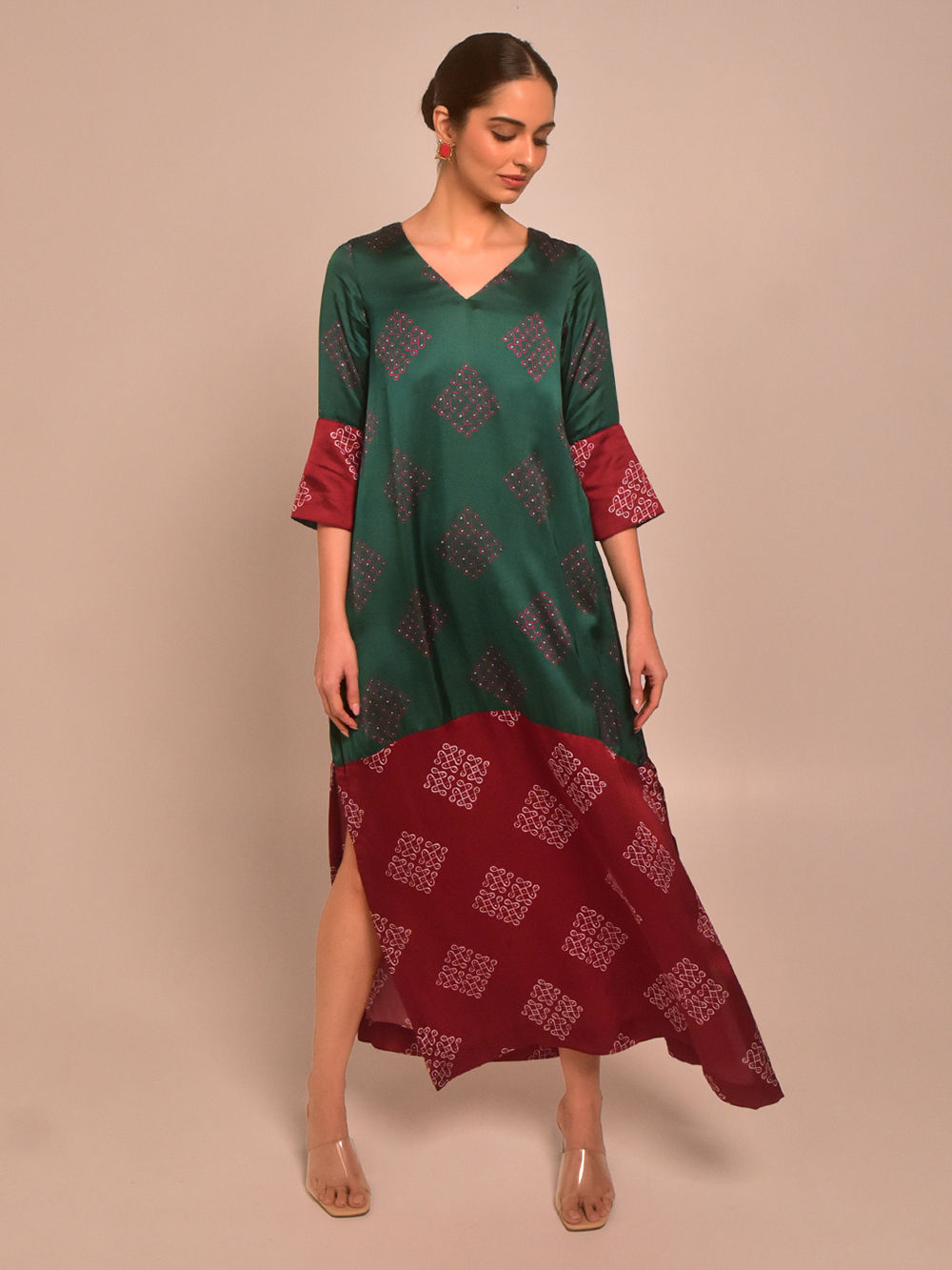 Green Maroon Printed Modal Dress