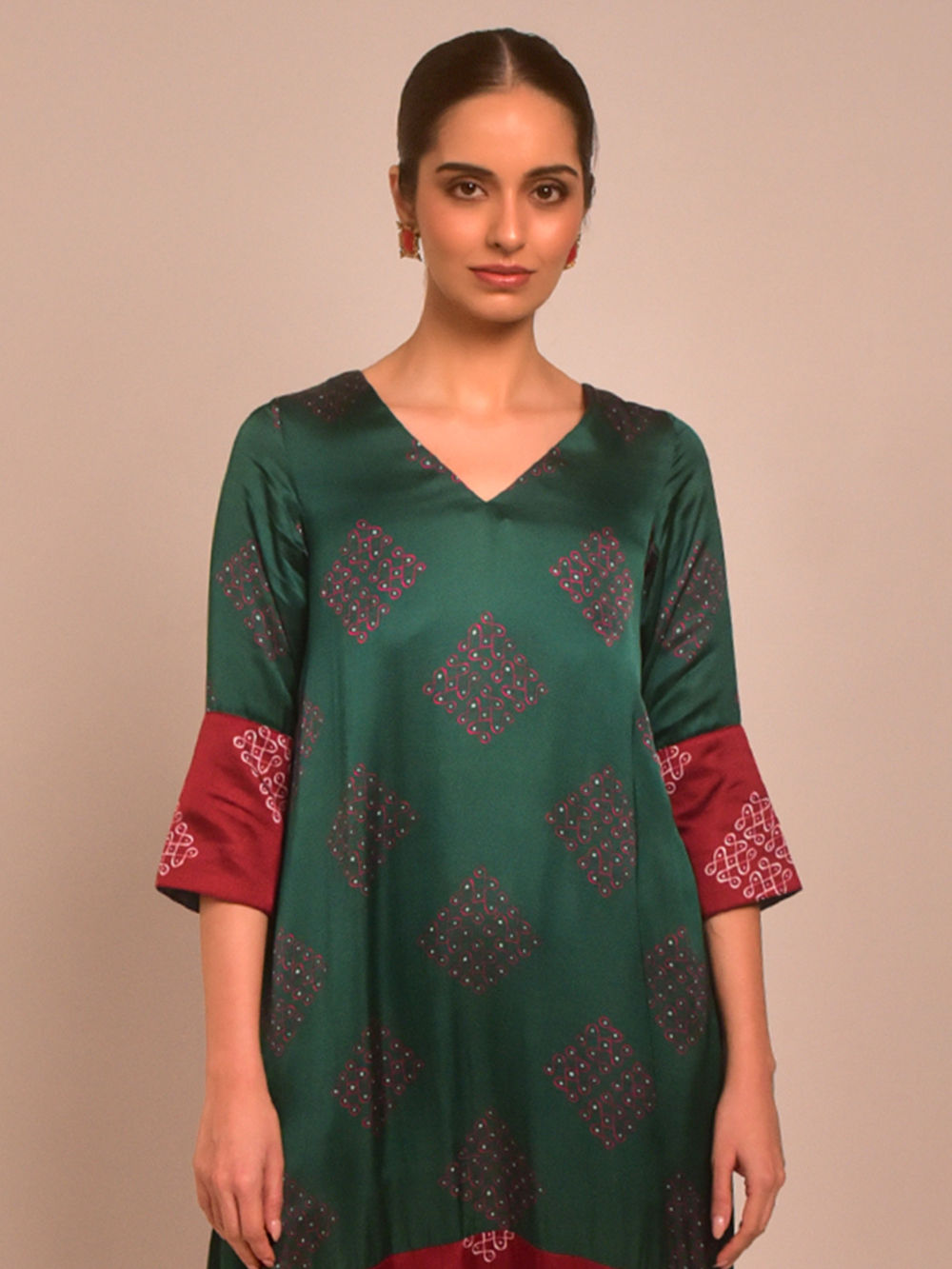 Green Maroon Printed Modal Dress