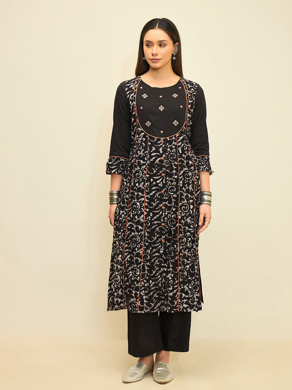 Black Printed Cotton Suit- Set of 3