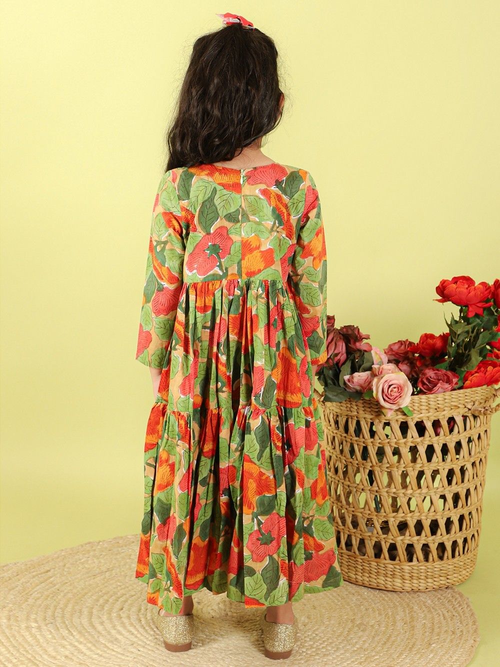 Green Orange Hand Block Printed Cotton Dress