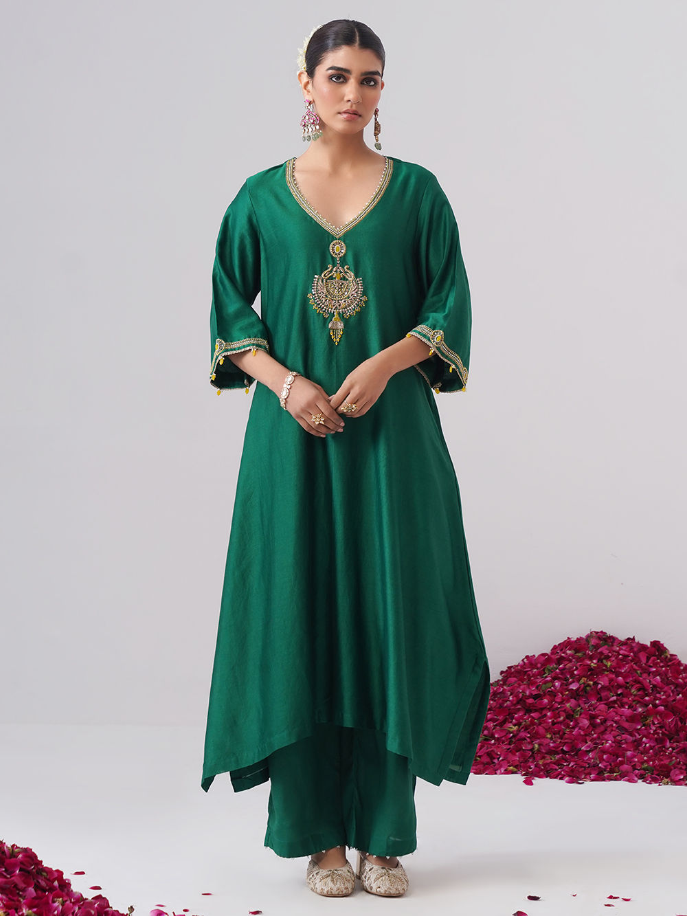 Emerald Green Zardozi Embroidered Chanderi Silk Suit - Set of 3