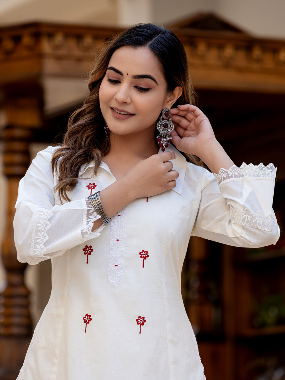 White Embroidered Cotton Kurta with Slip and Palazzo- Set of
