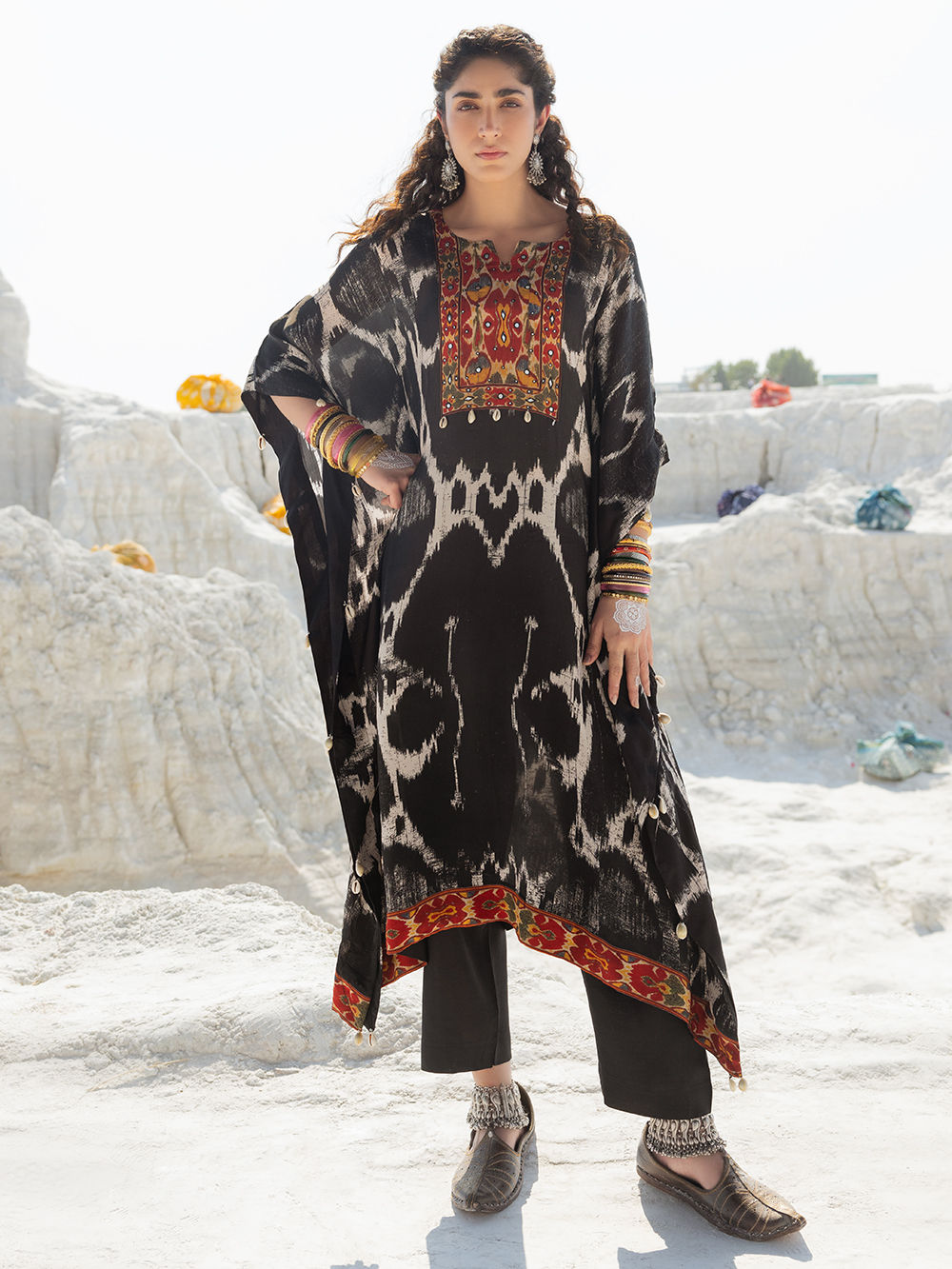 Black Ikat Printed Muslin Embroidered Kaftan with Pants - Set of 2