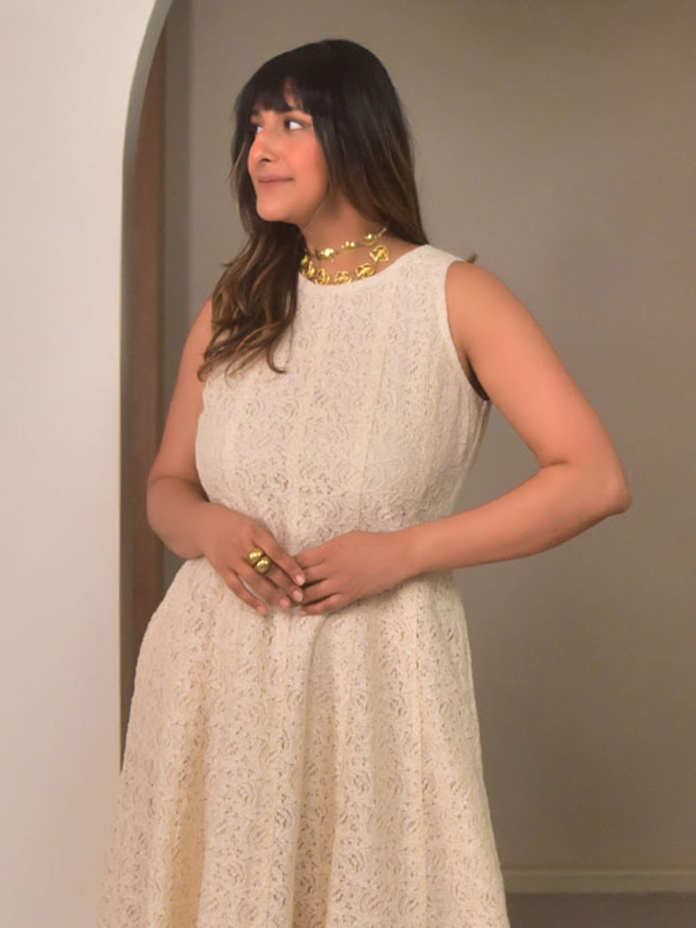 Cream Lace Work Cotton Dress