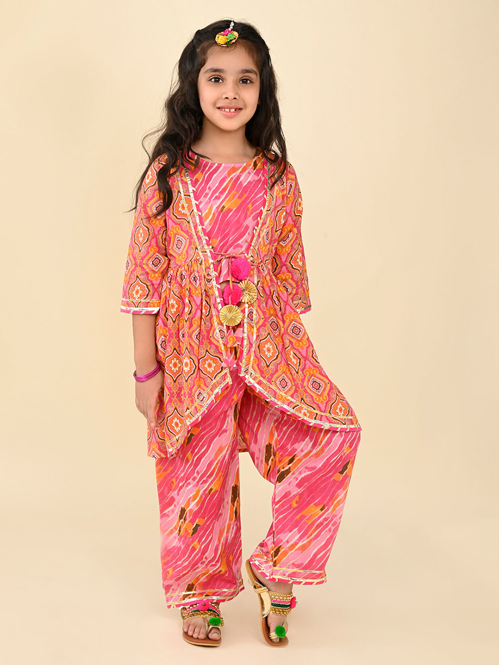 Pink Printed Cotton Top with Jacket and Palazzo Pants-Set of