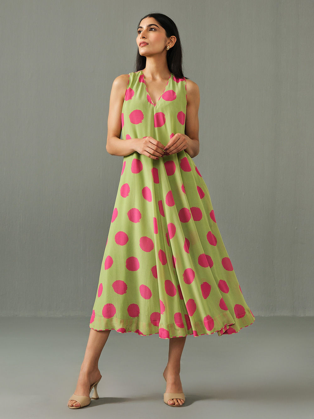 green dress with pink polka dots Green Polka Dot Strappy Tailored Dress main image 1