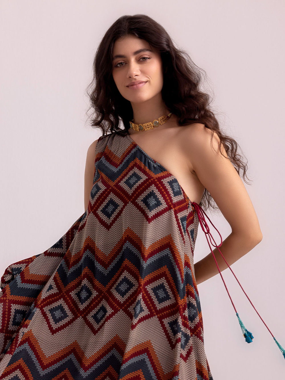 strapless open back dress It's All Settled Red Multi Patchwork Print One Shoulder Maxi Dress main image 1