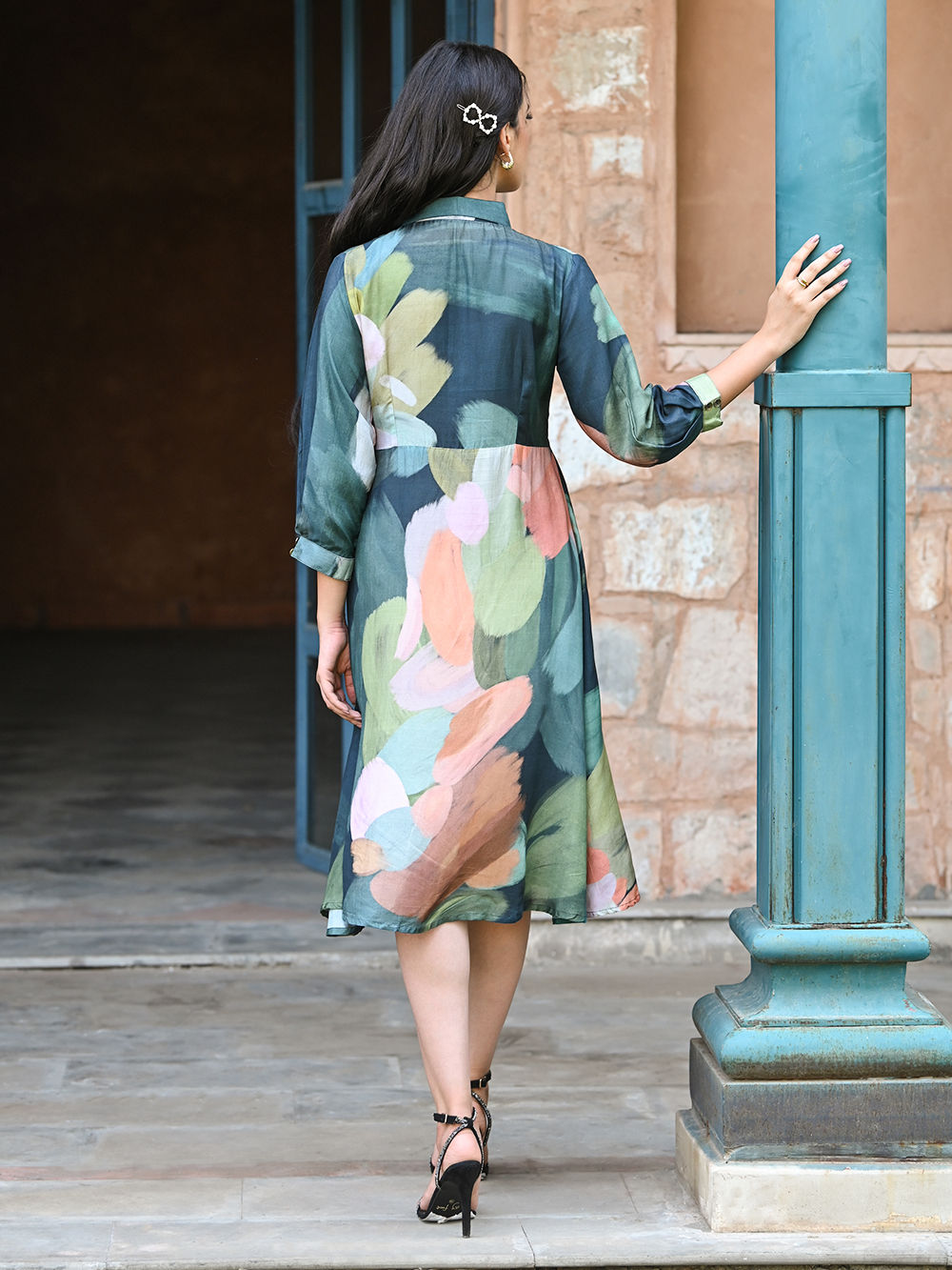 Green Printed Muslin Dress