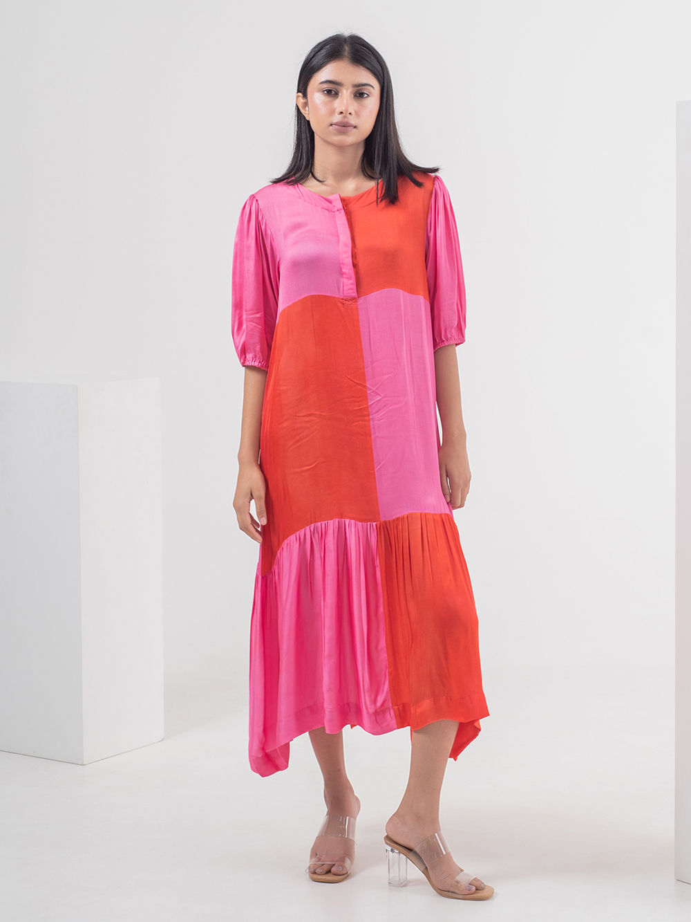strapless open back dress Bamboo Modal Silk Dress Made To Order Color Blocking Red-Pink Midi Dress  with Tri Colorblocked Pattern – The Fairnest main image 0