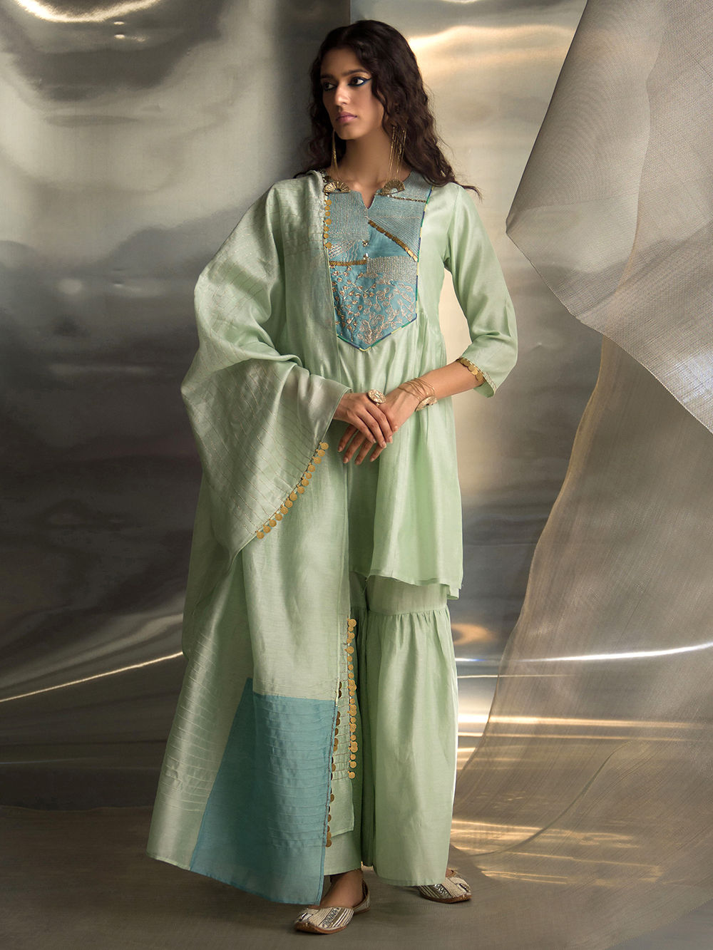 Mint Green Hand Embroidered Chanderi Sharara Suit - Set of 3 Mint Green Hand Embroidered Chanderi Sharara Suit - Set of 3