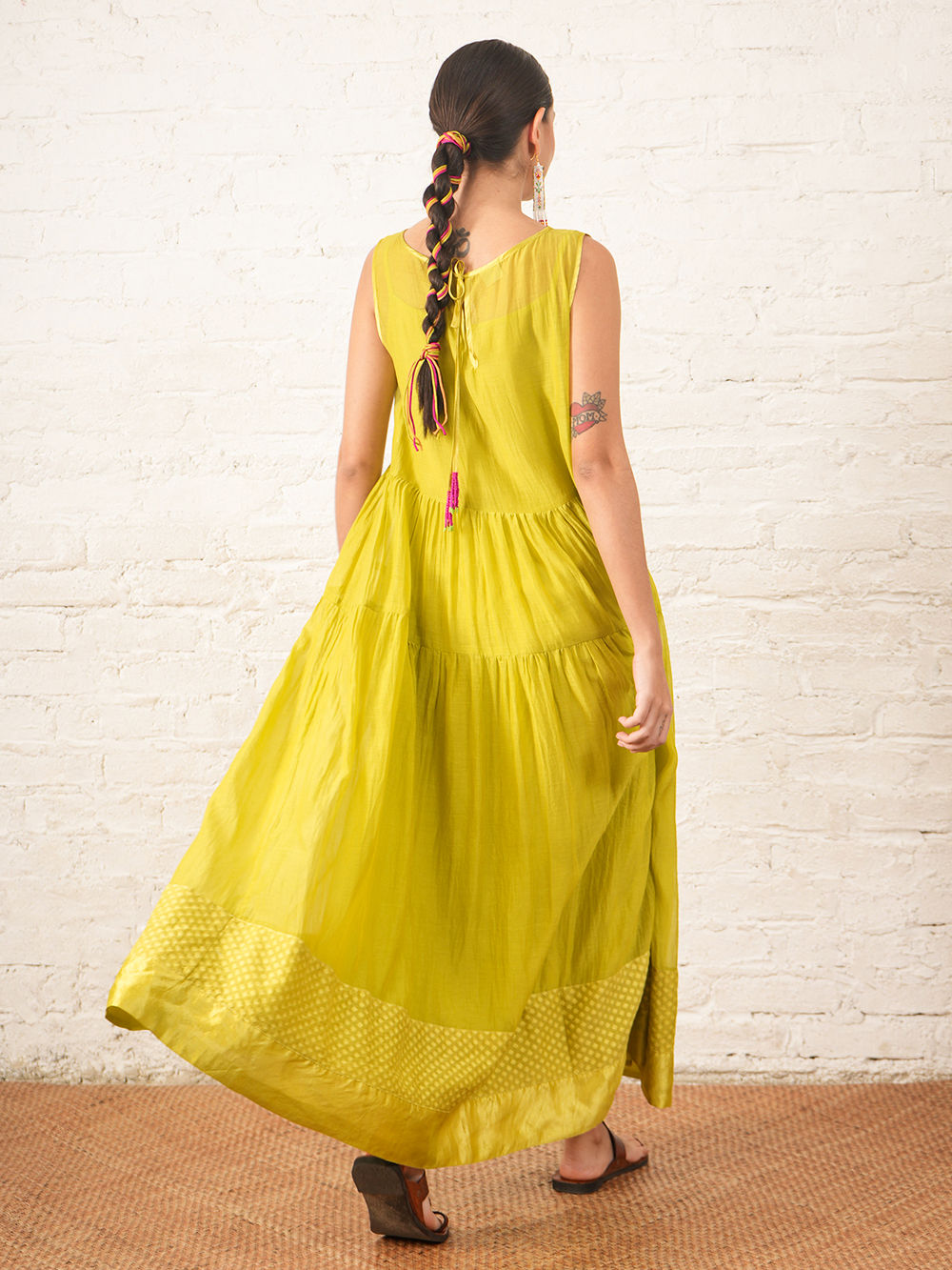Lime Green Applique Work Chanderi Silk Dress with Slip