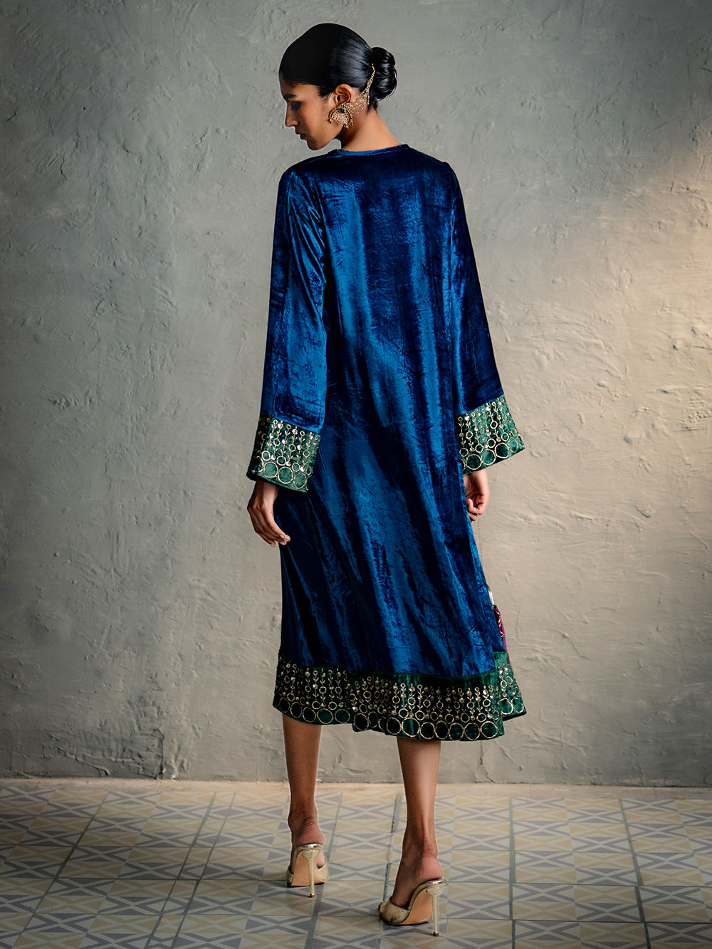 blue velvet embroidered dress Navy Blue Velvet Heavily Embroidered Long Sleeve Wedding Bridal Caftan Gown 36 main image 0