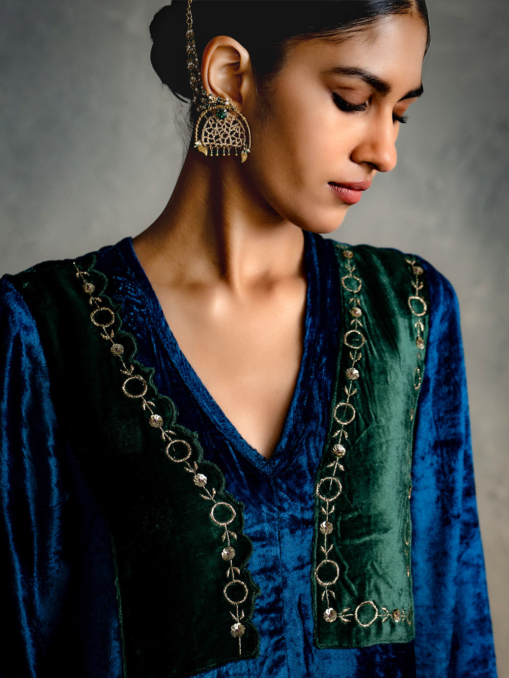 blue velvet embroidered dress Velvet blue dress with baguette embroidery featuring an overskirt