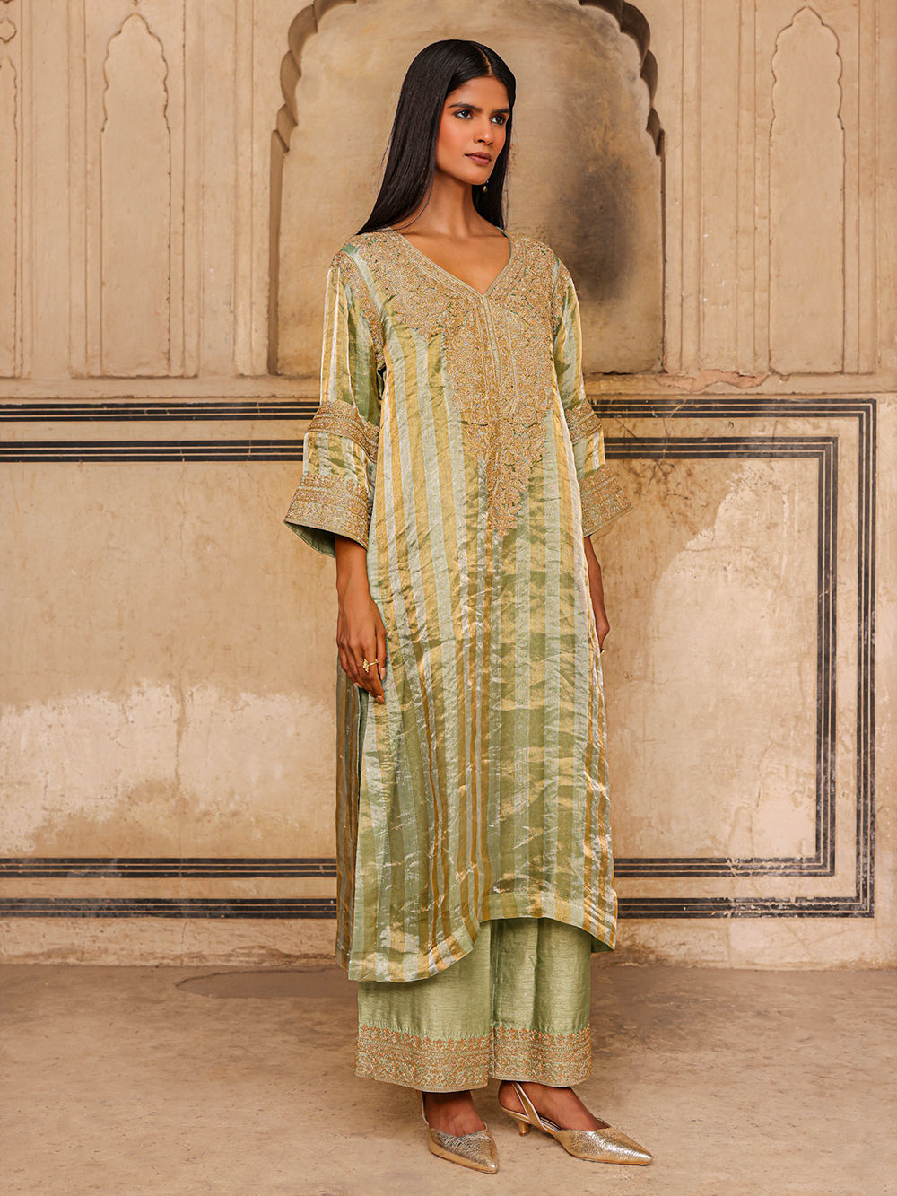 Sage Green Dori Work Organza Striped Tissue Suit - Set of 3