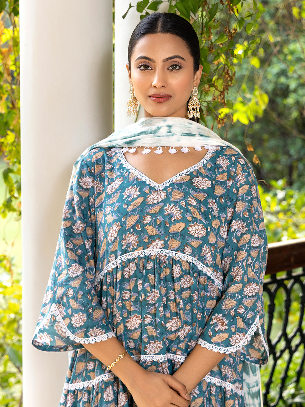 Teal Blue Hand Block Printed Cotton Suit- Set of 3
