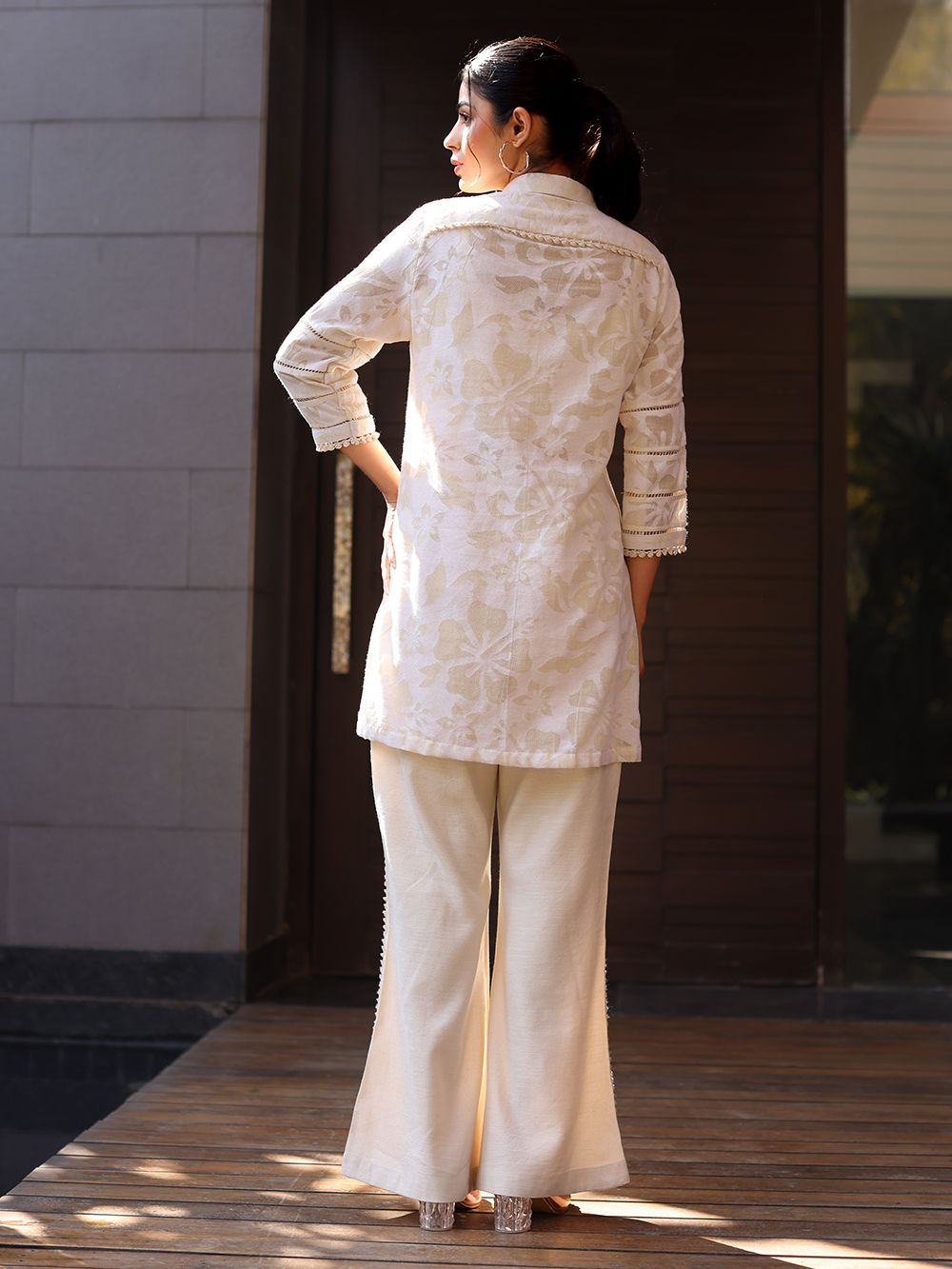 Ivory Cotton Jacquard Tunic with Pants - Set of 2