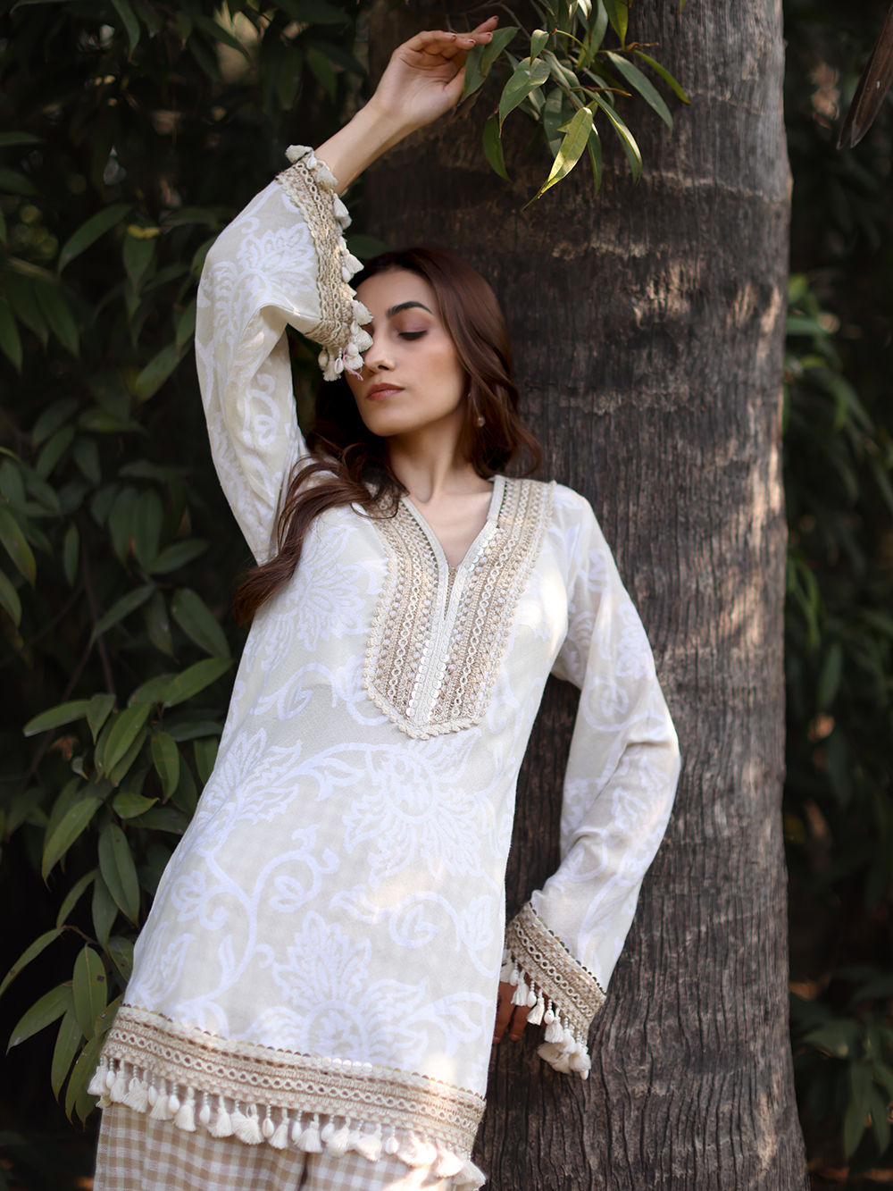 Ivory Lace Work Cotton Jacquard Co-ord Set - Set of 2
