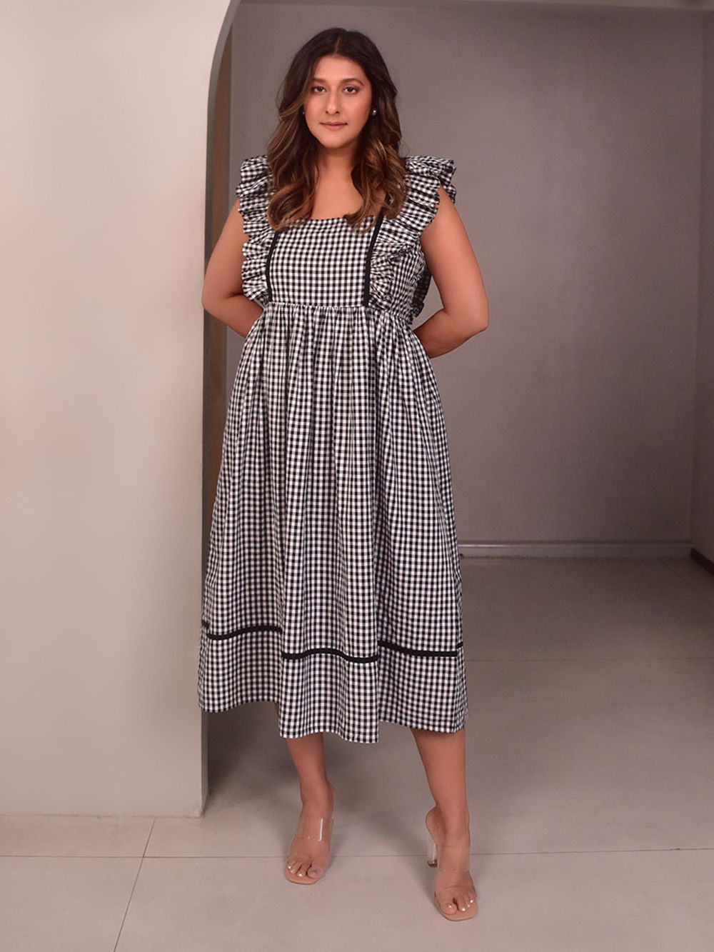 Black White Checkered Cotton Linen Dress