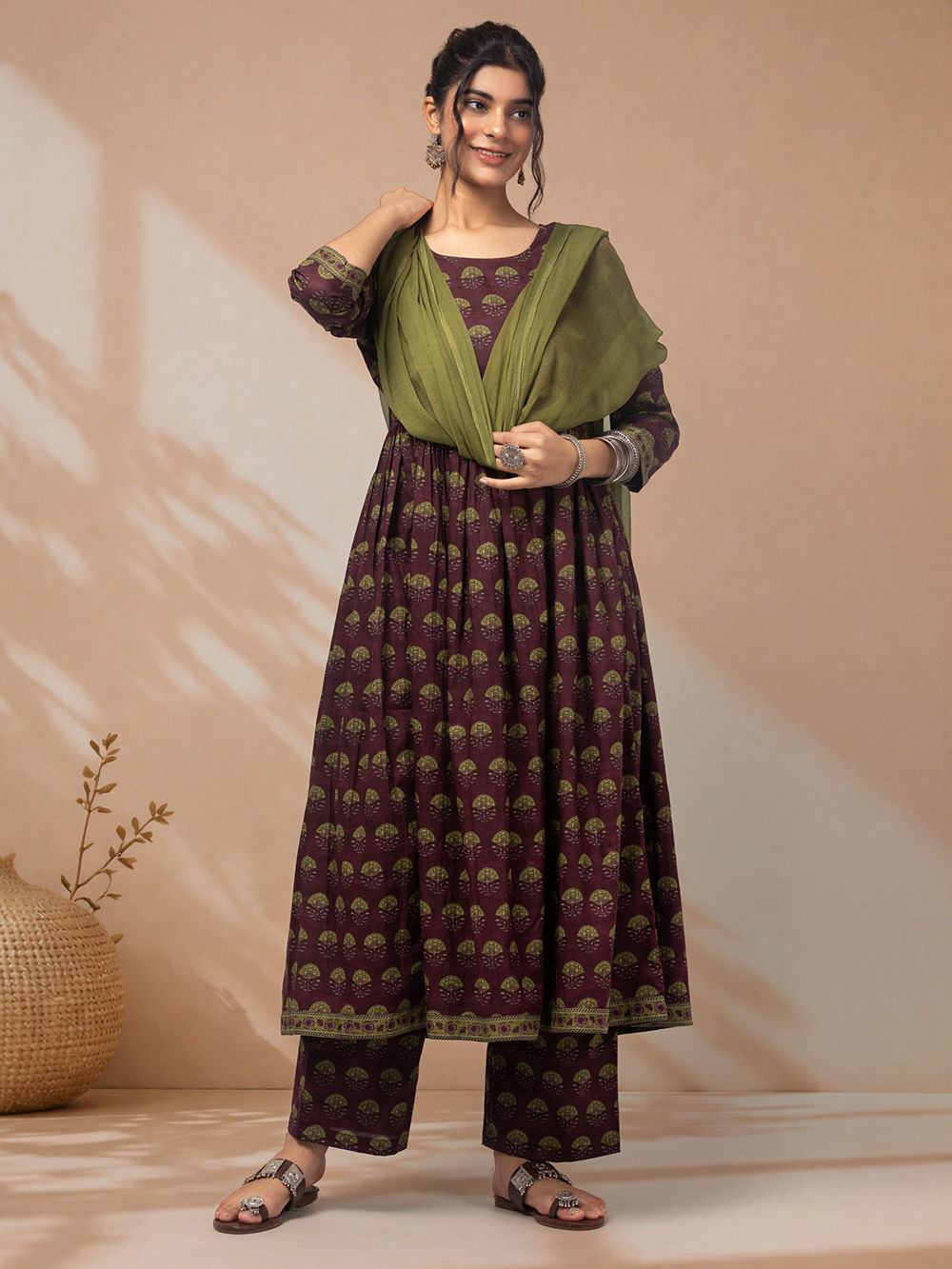 Maroon Olive Green Printed Cotton Suit - Set of 3