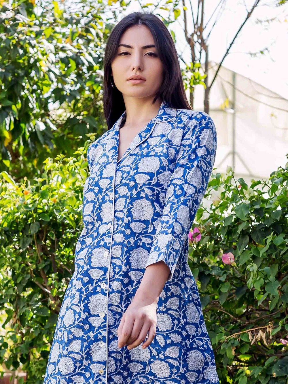 block print shirt dress Floral Block Printed Cotton Short Shirt Dress 64" / Regular (5'2"