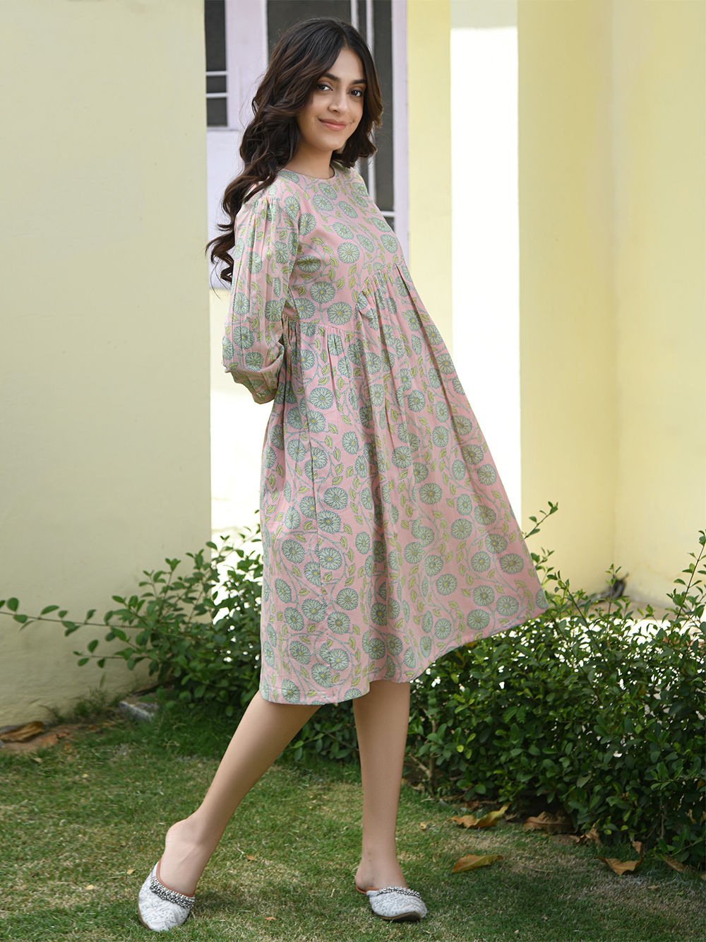 Peach Green Printed Cotton Dress Peach Green Printed Cotton Dress