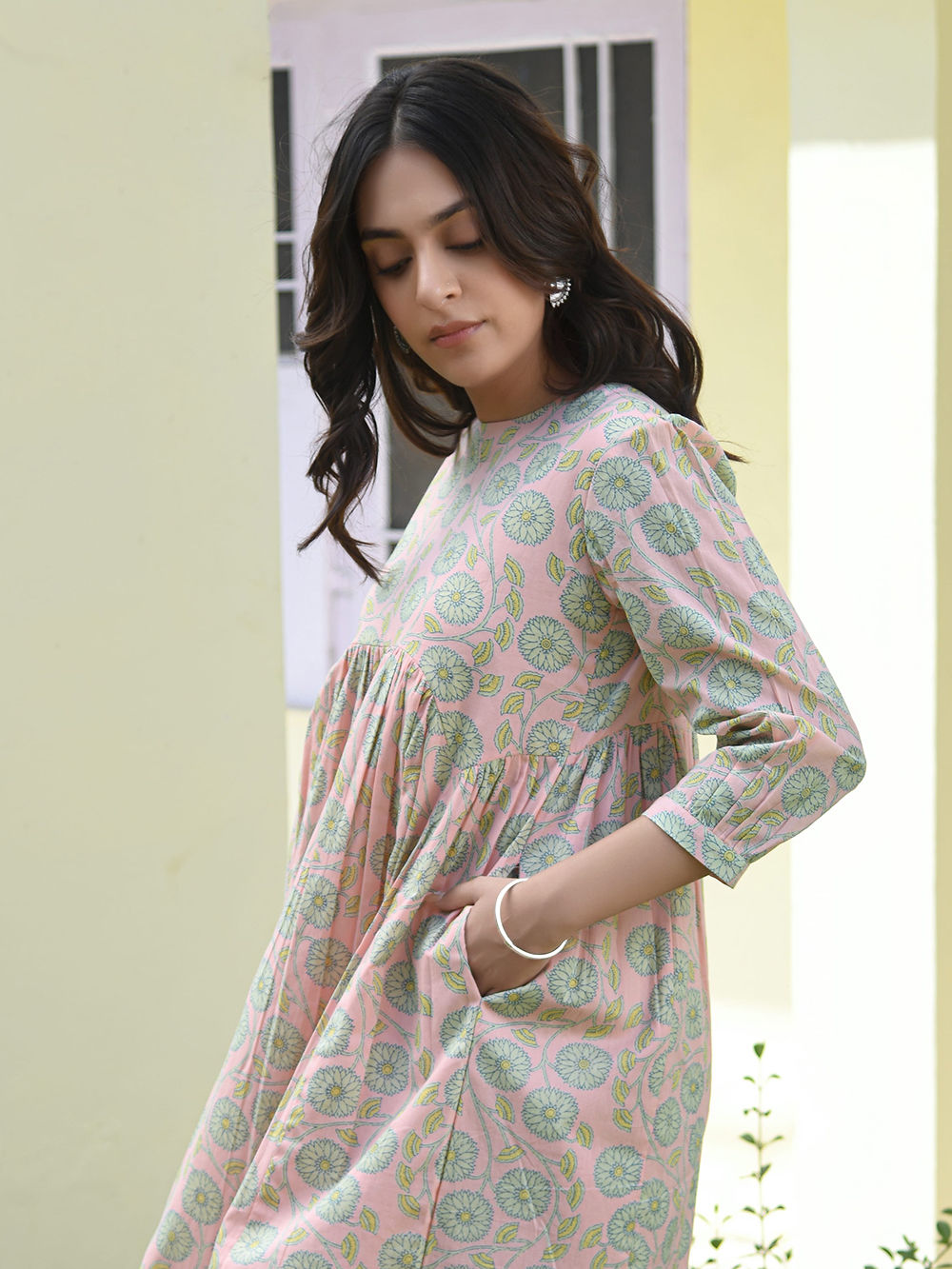 Peach Green Printed Cotton Dress Peach Green Printed Cotton Dress