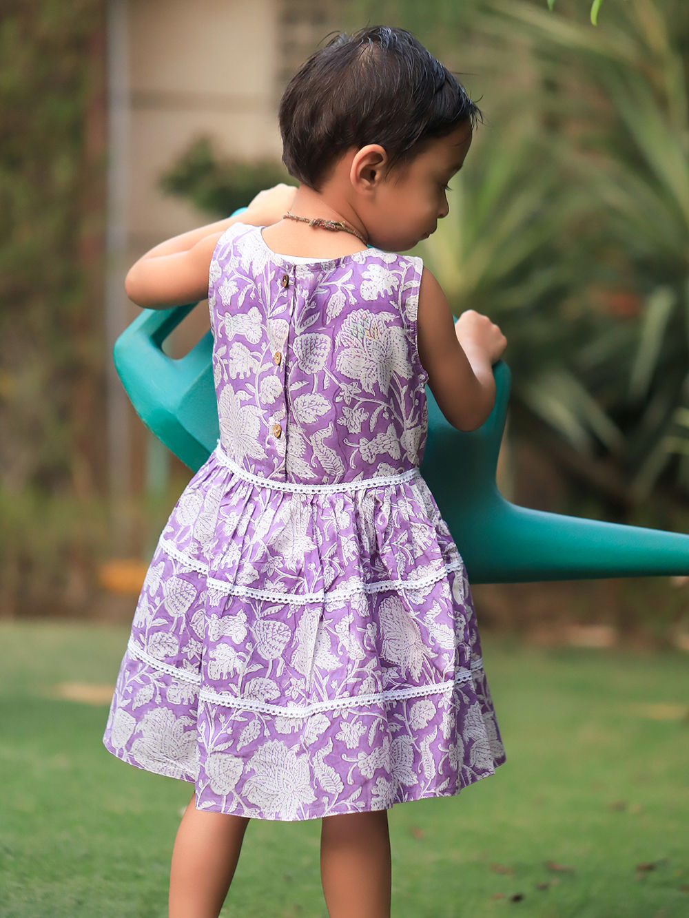 purple block print dress La Plage women's blue/purple blockprint midi ruffled neckline dress sz  small