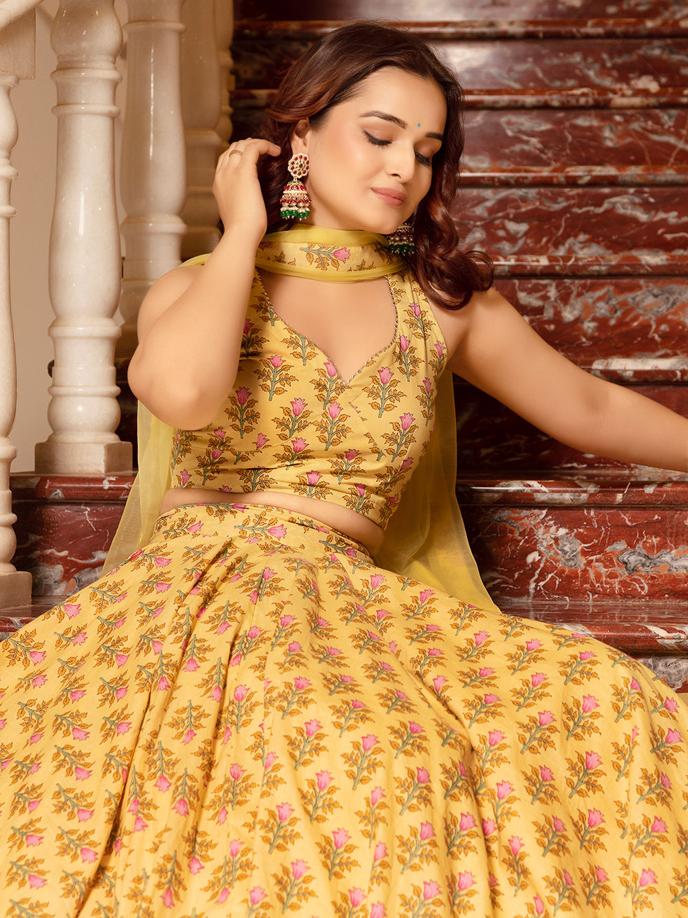 Yellow Hand Block Printed Cotton Lehenga Set- Set of 3