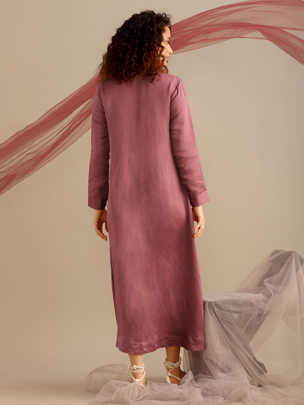 Lavender Applique Work Linen Satin Dress