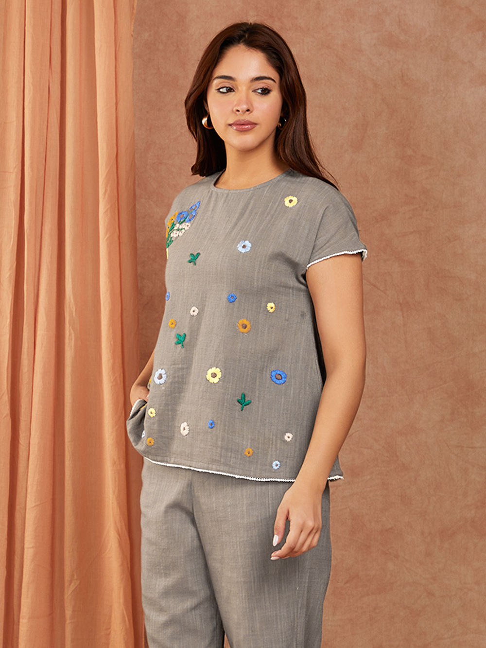 Grey Hand Embroidered Cotton Slub Top