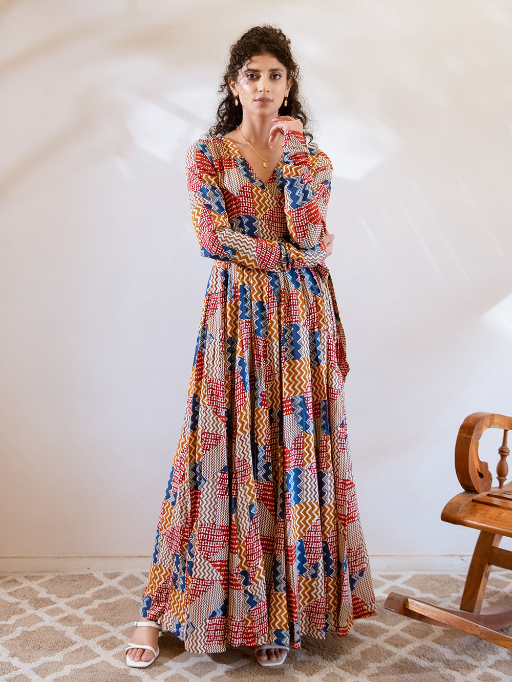 Multicolor Hand Block Printed Cotton Wrap Dress