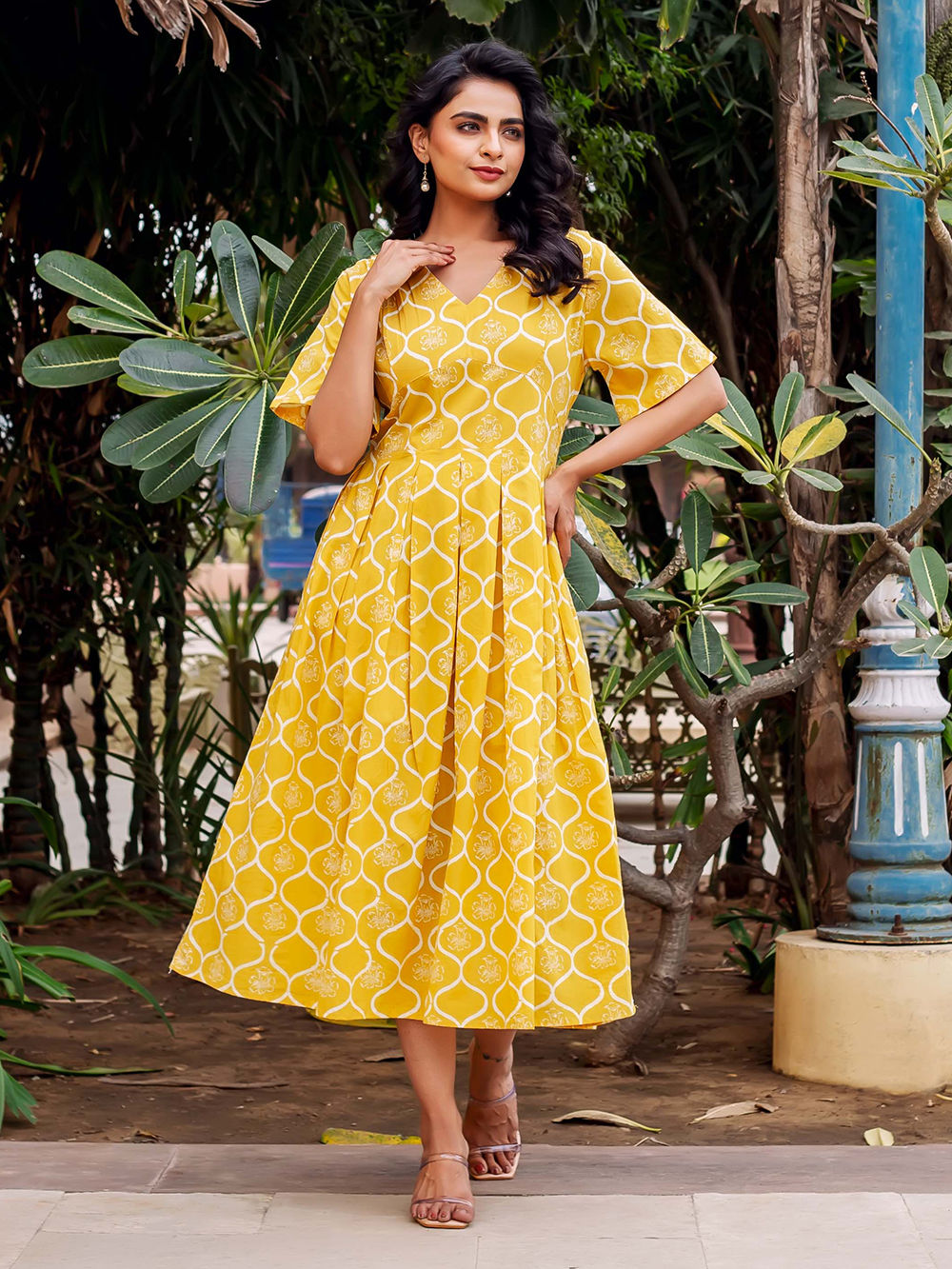 Yellow Hand Block Printed Cotton Dress