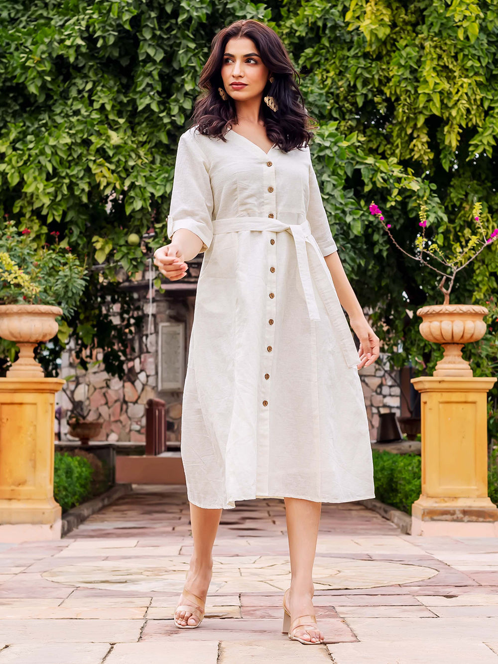 White Linen Dress with Belt White Linen Dress with Belt