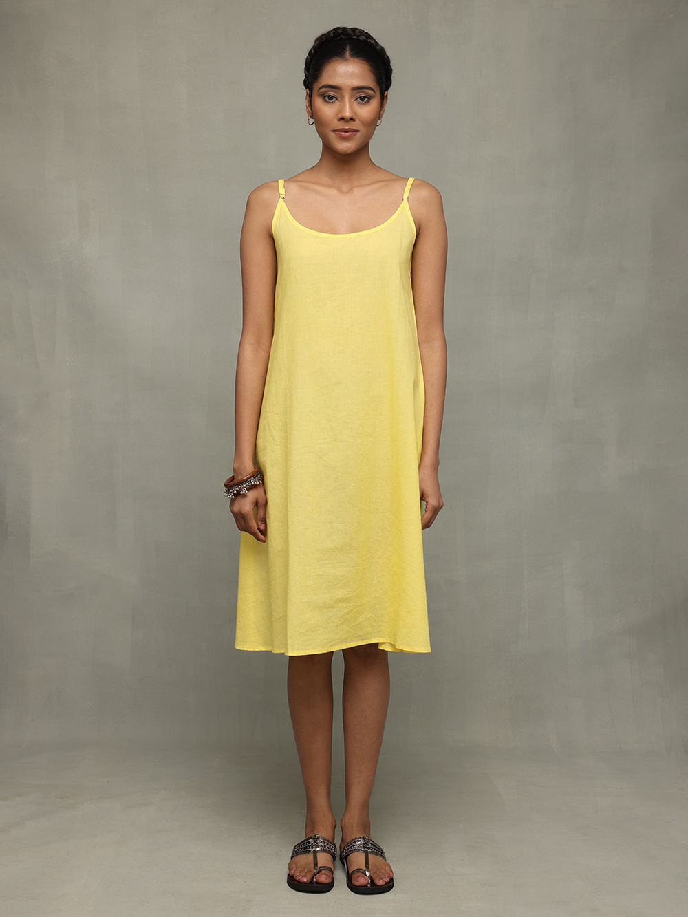 Yellow Hand Embroidered Mul Chanderi Dress with Slip