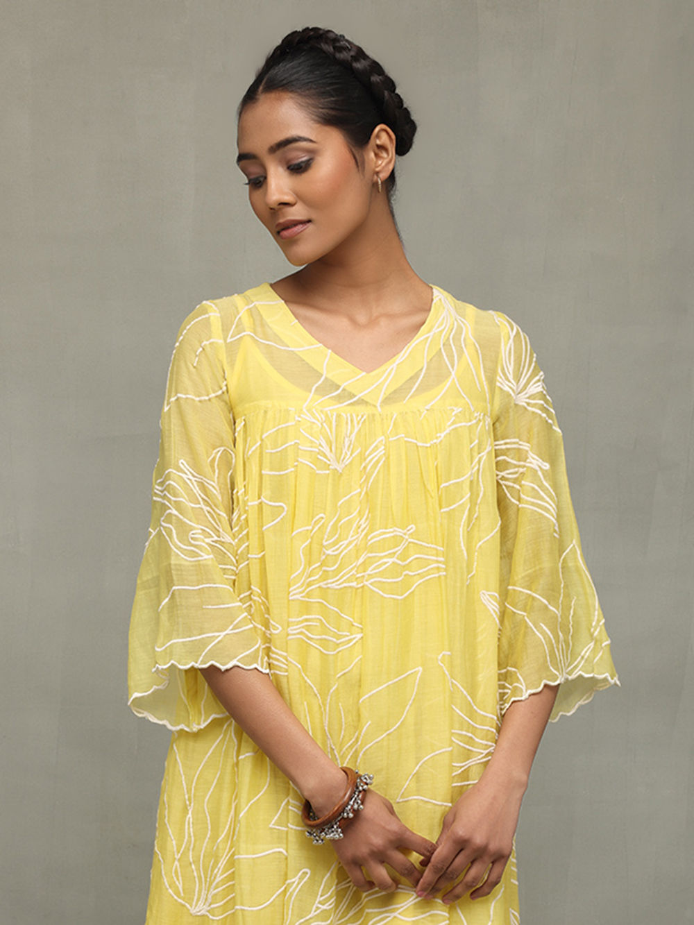Yellow Hand Embroidered Mul Chanderi Dress with Slip