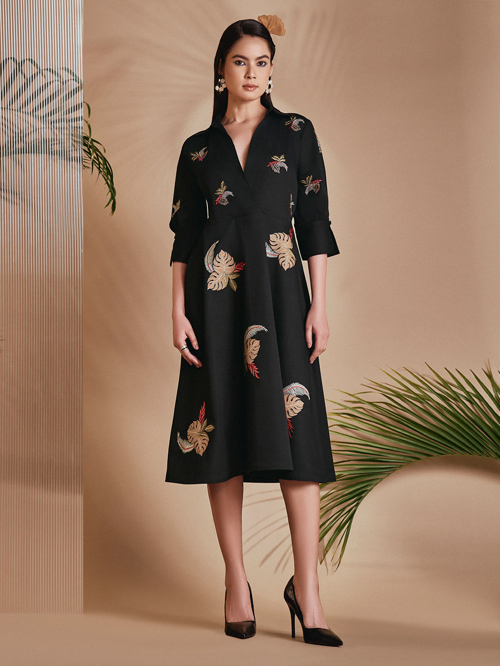 Black Embroidered Cotton Satin Dress with Belt