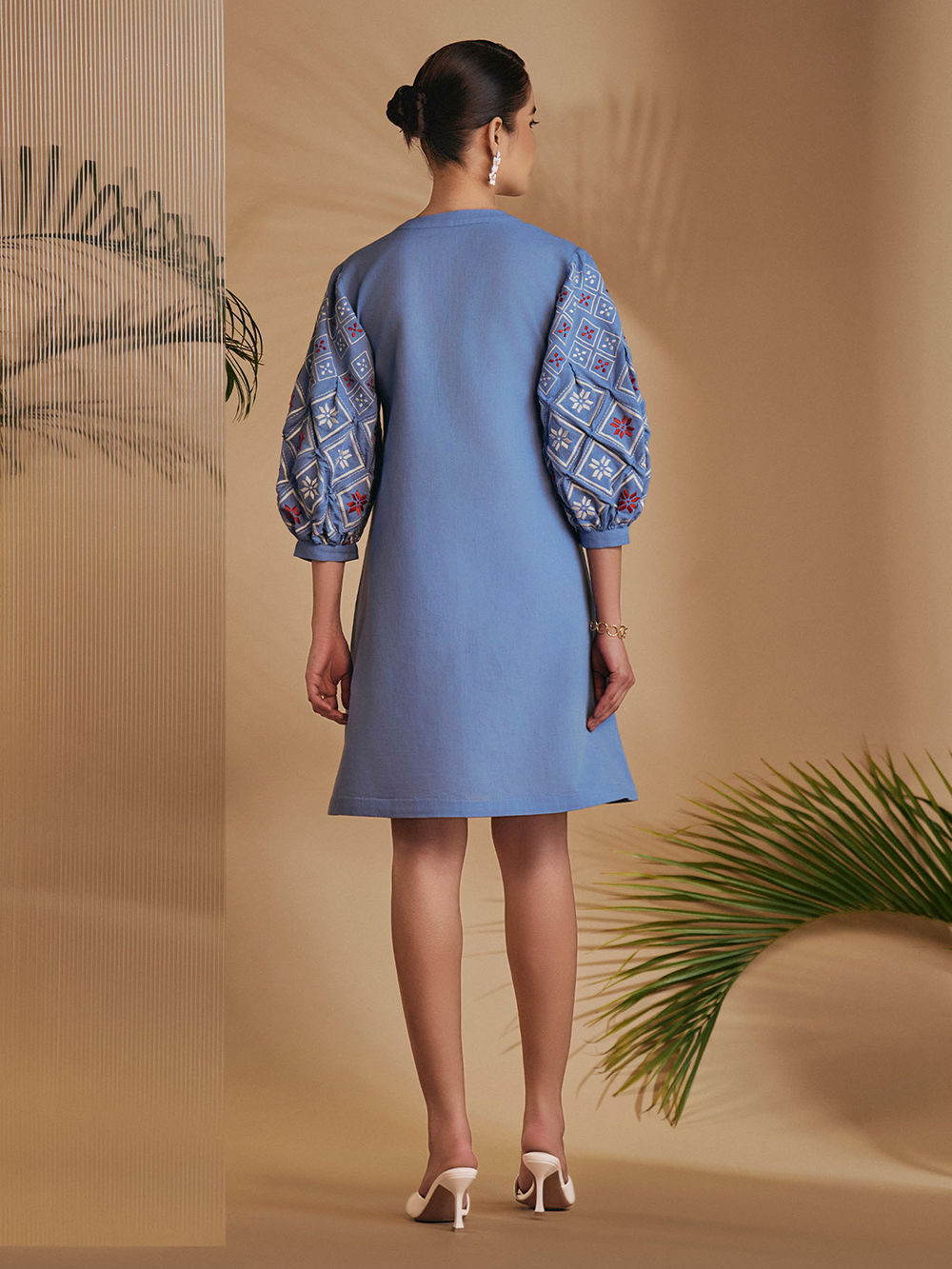 Blue Embroidered Linen Blend Dress