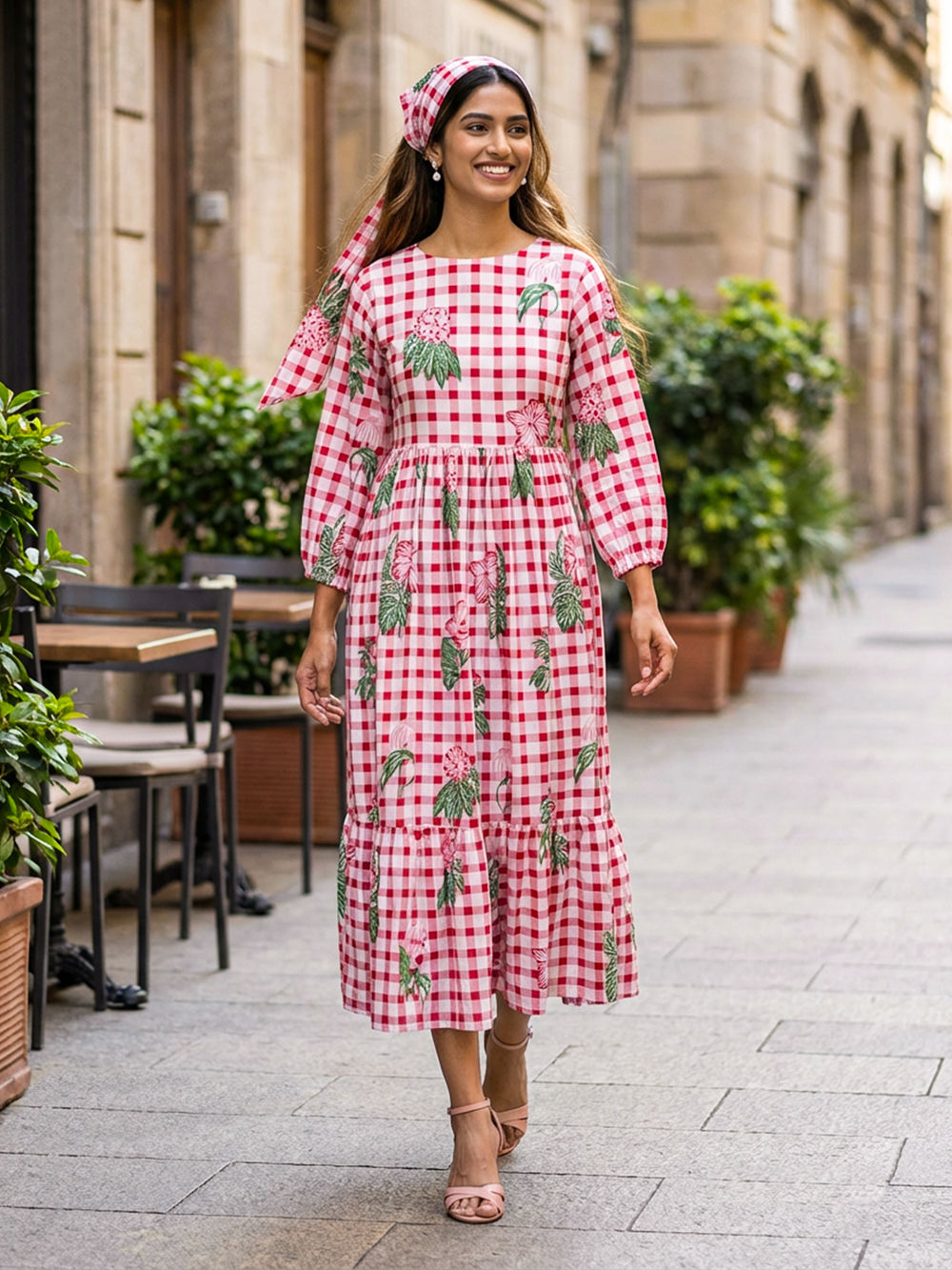 Pink Cotton Checkered Dress