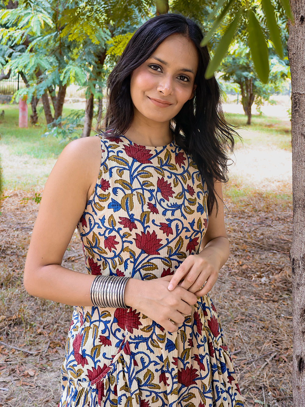 white christmas dresses Women's Beige & Black Kalamkari Cotton Tiered Dress Beige / S main image 0