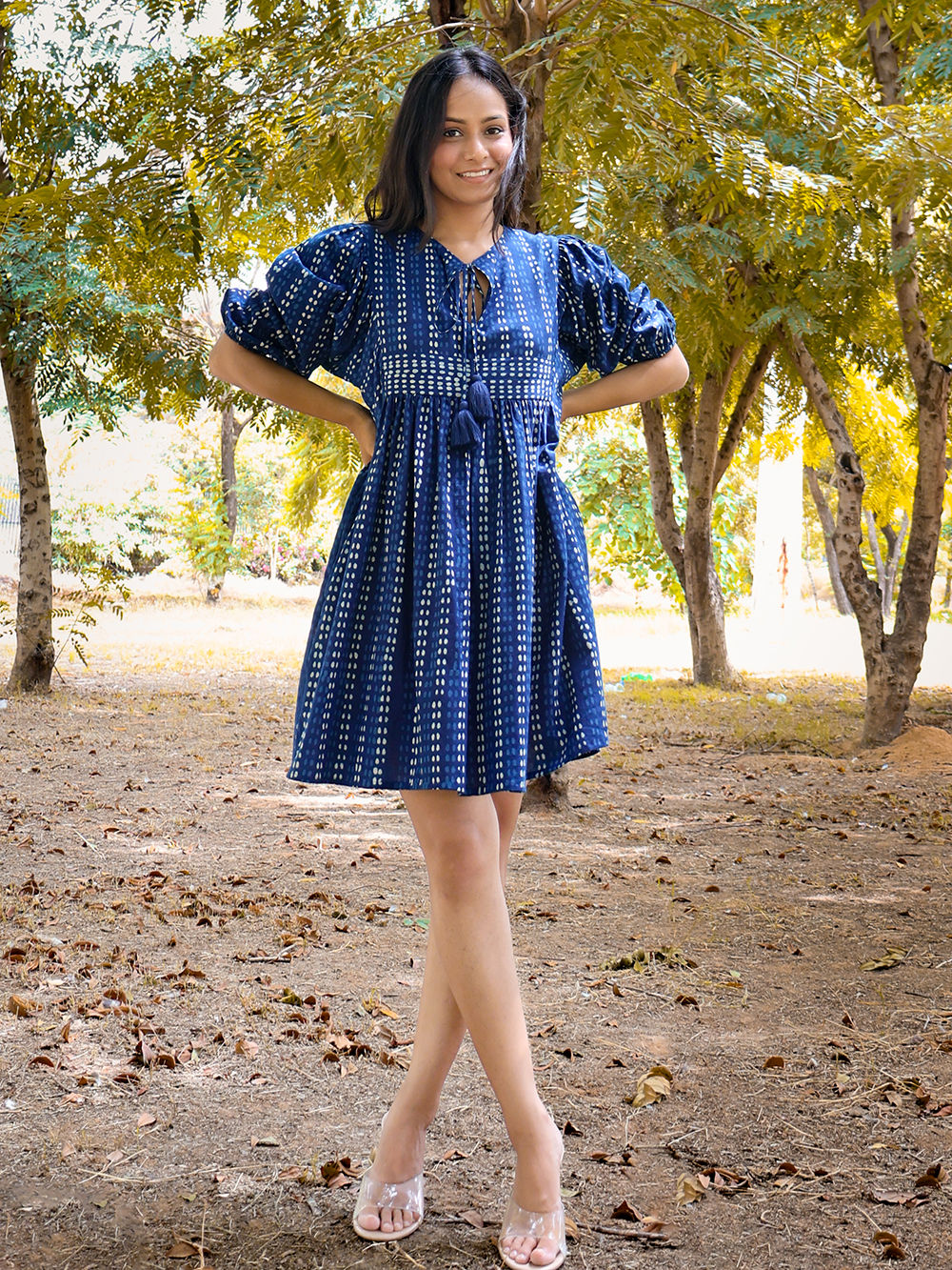 Indigo Dabu Hand Block Printed Cotton Dress