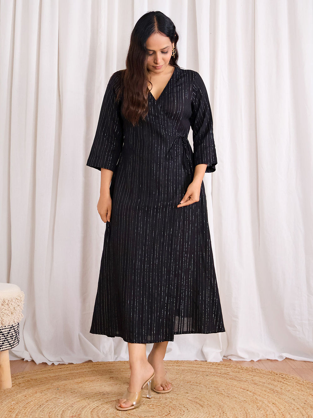 Black Cotton Lurex Wrap Dress