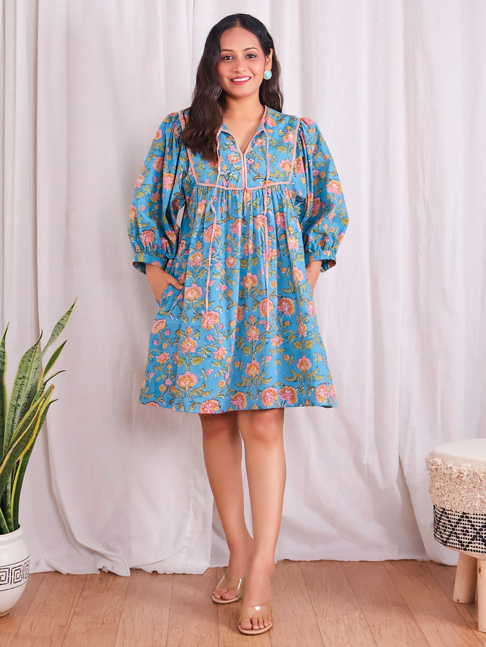blue block print dress Frost Blue Floral Block Print Dress