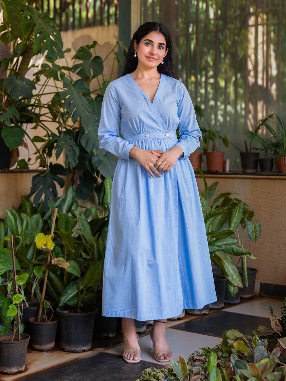 powder blue cotton dress Vintage-inspired Light Blue Cotton A-line Dress: Elegant Wedding Guest Dress