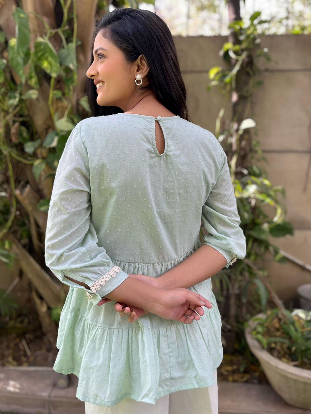 Mint Green Embroidered Cotton Dobby Lace Work Top