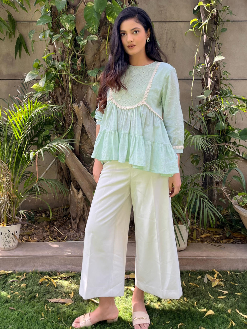 Mint Green Embroidered Cotton Dobby Lace Work Top