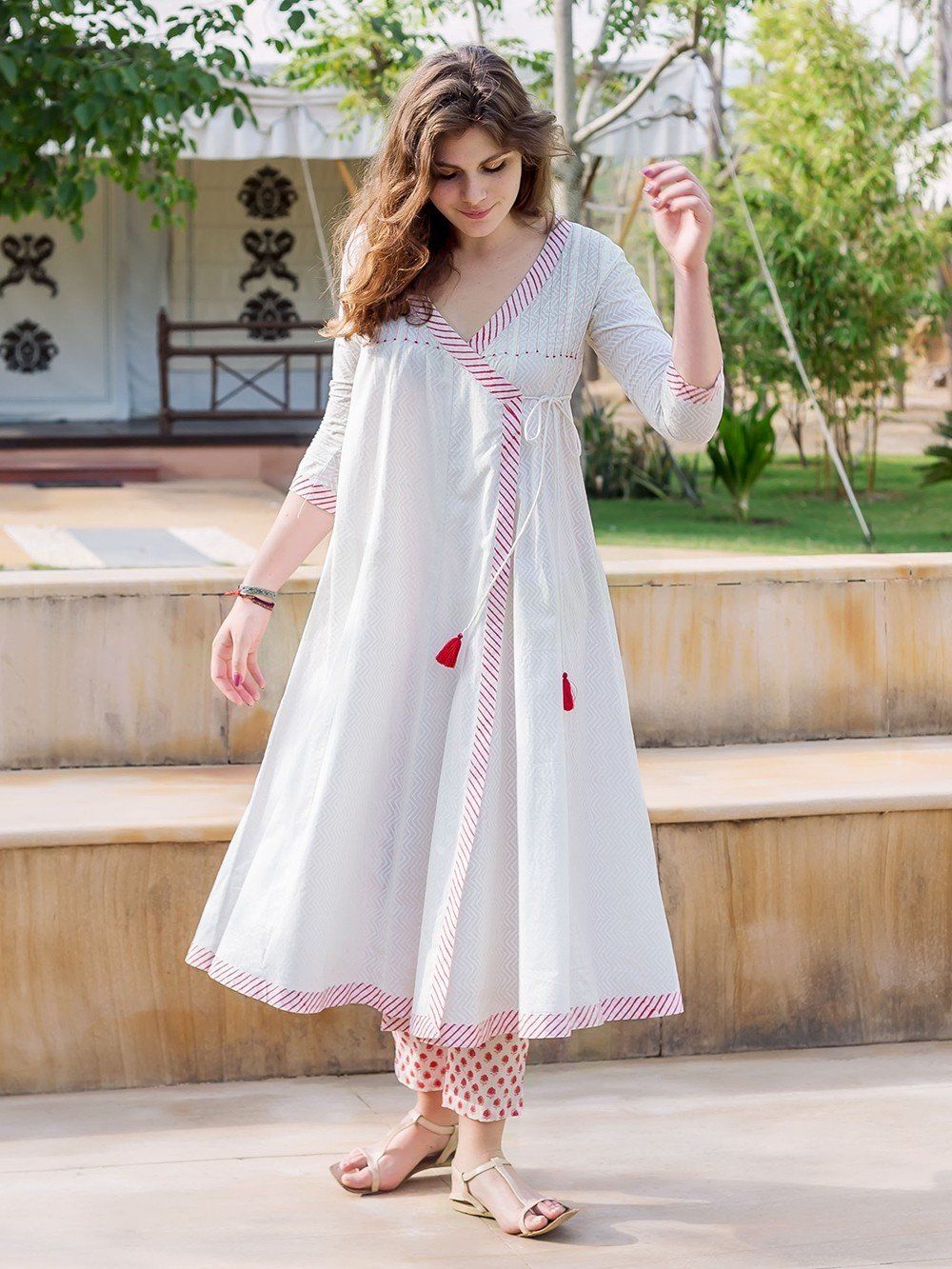 white christmas dresses Flared Cotton Angrakha Brown Jacquard Dress